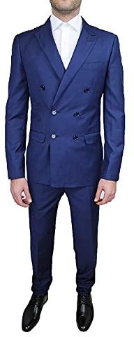 Abito Doppio Petto Cerimonia Uomo Sartoriale Completo Blu Doppiopetto Slim Fit FKS (50)
