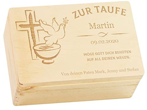 LAUBLUST Holzkiste mit Gravur - Personalisiert mit Name | Datum | WIDMUNG - Natur Größe M - Friedenstaube Motiv - Geschenkkiste zur Taufe - FSC®