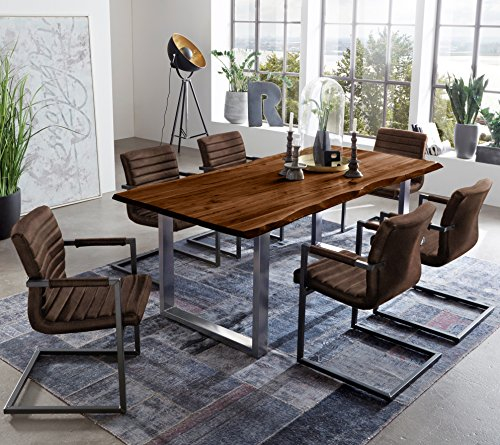 SAM 7 TLG. Essgruppe Quintus, Baumkantentisch 160x85 cm, Akazie-Holz nussbaumfarben, Gestell Silber, 6X Schwingstuhl Parzivo Wildleder-Optik
