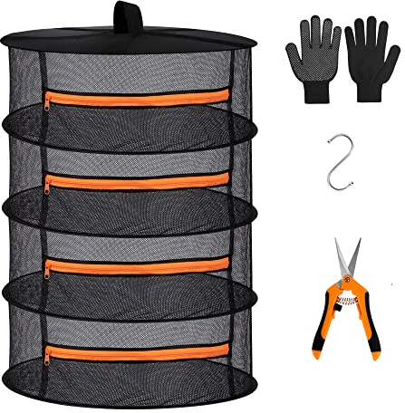 Desy & Feeci Filet de séchage d'herbes, 4 Couches 60cm de diamètrede séchoir Pliant de Suspension avec Fermetures à glissière pour légumes, Plantes, vêtements