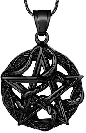 Pentagramm Wicca Anhänger Halskette - Herren Schlange Stern Satanic Amulett Glücksbringer Anhänger 316L Edelstahl Traditionelles Siegel von Solomon Schmuck für Männer Jungen schwarz Metall plattiert