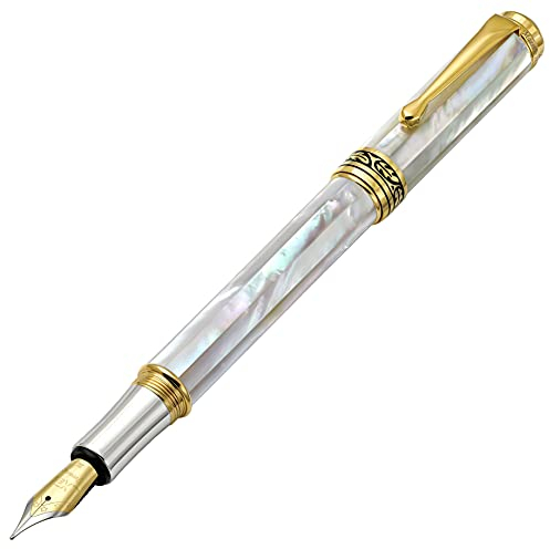 Xezo Maestro Medium Nib Fountain Pen, Oceanic Origin White Mother of Pearl with 18 karat gold and pure platinum plating. Handmade, Limited Edition and Serialized. No two equal