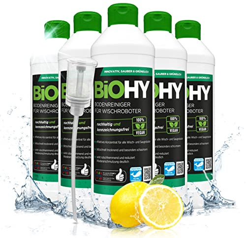 BiOHY Nettoyant de sol pour robot aspirateur laveur (6xBouteille de 500ml) + Distributeur | concentré pour tous les robots d'essuyage et d'aspiration à fonction humide (Wischroboter)