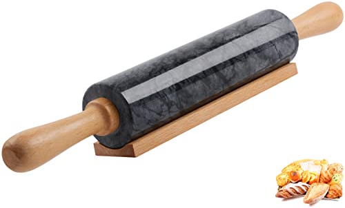 Mattarello in marmo con base in legno con manico spesso per la cottura, 47 cm, rullo lucido di alta qualità per pasta di pizza, fondente, crosta, superficie antiaderente, facile da pulire (nero)