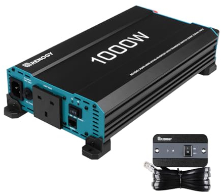 Renogy 1000W Pure Sine Wave Inverter, 2000W Peak 12V DC to 240V AC Solar Power Converter with UK Sockets, UPS Function and Remote Controller for Off-grid, RV, Truck, Boat, Camping, and Home