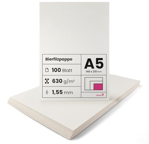Netuno 100 Blatt Bastel-Pappe Creme-Weiß DIN A5 148x 210 mm 1,55 mm 630g finnische Holzpappe Finnpappe Bierfilz-Pappe Bierdeckel-Pappe cremefarben dicker Karton zum Basteln Buchbinderarbeiten