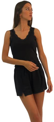 tex leaves Pijama Lencero o Ropa de Estar por casa - 2 Piezas Camiseta Tirantes + Short (S, Negro)