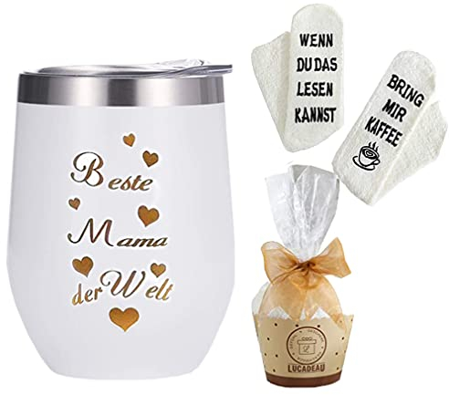 Tecreo Edelstahl Kaffeebecher mit Gravur Geschenk für Mama - Beste Mama der Welt Thermobecher für Mutter Muttertag Geburtstag Geschenk-350ml Weiß Doppelwandig Isolierbecher mit Socken