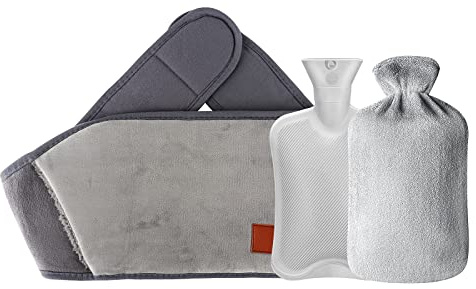 Lotvic Borsa Acqua Calda, Borsa Dell'acqua Calda con Coperchio, 3 in 1 Borsa Acqua Calda Peluche e Copertura Della Vita, Boule Acqua Calda per Collo e Spalle, Schiena, Gambe, Vita (Grigio)