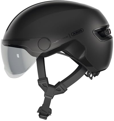 ABUS City hjälm HUD-Y ACE – snygg cykelhjälm med visir och magnetisk, uppladdningsbar LED-bakljus – för män och kvinnor – svart, storlek L