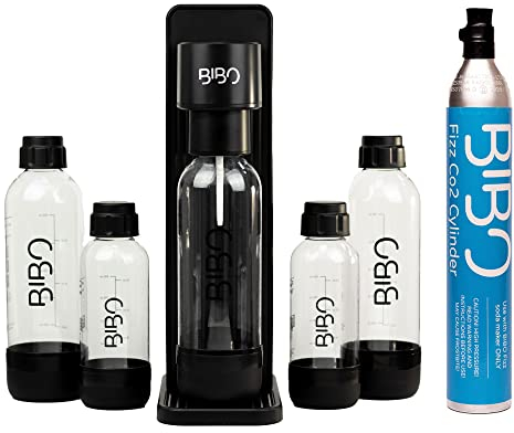 BIBO Sparkling Water Maker Bundle | Includes 60L Carbonated Gas Cylinder + 4 BPA-Free Reusable Bottles + Fizzy Soda Water Maker Machine | Quick Screw In CO2 System, Black
