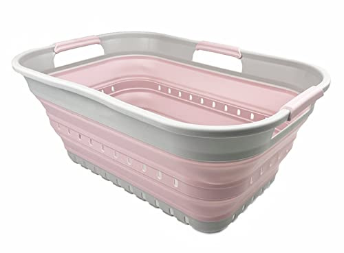 SAMMART 21L Super Mini Zusammenklappbarer Kunststoffkorb mit 3 Griffen – Faltbarer Pop-Up-Aufbewahrungsbehälter/Organizer – Platzsparender Geschenkkorb/Korb (Grau/Blassrosa)