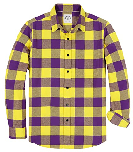 Dubinik® 6 oz Camicia Flanella Uomo Quadri Button Down Leggera Camicia Cotone Casual Regular Fit Viola e Giallo M