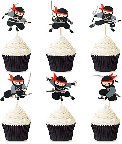 24 Stück Ninja Cupcake Toppers Ninja Muffin Dekoration Kampfsport Karate Kung Fu Krieger Kuchendekoration Ninja Thema Baby Shower Kinder Geburtstag Party Kuchen Dekorationen Zubehör