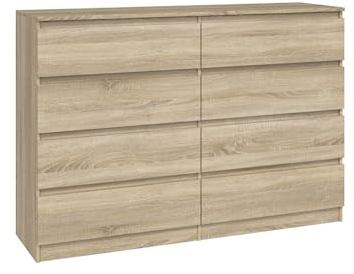 VBChome Kommode mit 8 Schubladen 140 x 40 x 97 cm Eiche Sonoma Grifflose Schubladenkommode Mehrzweckschrank für Flur Schlafzimmer Wohnzimmer Kinderzimmer Modern Eiche Sonoma