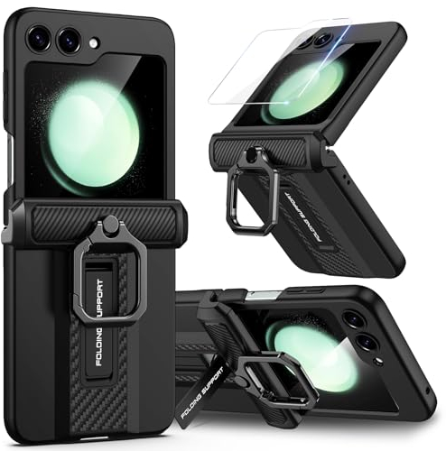 Lanhiem für Samsung Galaxy Z Flip 5 Hülle mit Scharnierschutz, Ring Ständer Handyhülle Samsung Z Flip 5 mit Kamera Schutzfolie, Halbautomatischer Klappschiebedeckel Schutzhülle Stoßfest,Schwarz