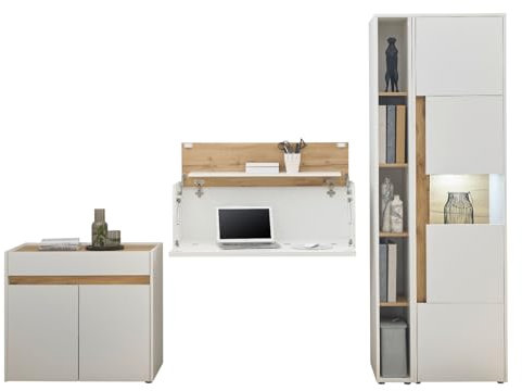 Furn.Design Büromöbel Set in weiß und Eiche Wotan mit Aktenschrank, Sekretär, Vitrine und Regal modern für Homeoffice und Büro komplett Kombination Büroeinrichtung Bürowand Center (Set 2)
