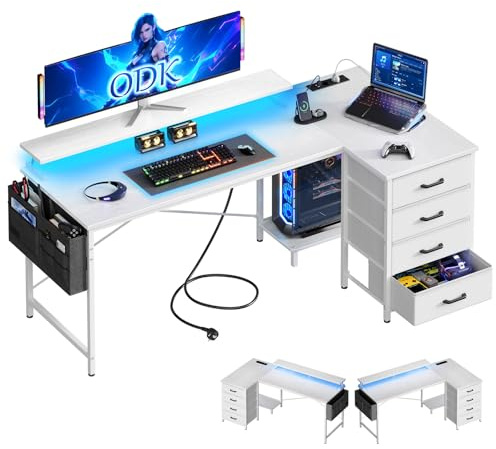 ODK Escritorio Esquinero Reversible, 160x80x84.7cm Escritorio Gaming en L con LED, Mesa en L con 4 Cajón, Mesa de Ordenador con Puerto de Carga USB y Toma de Corriente para Hogar, Blanco
