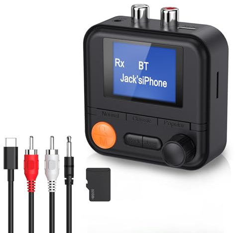 ORIA Bluetooth 5.2 Adapter, 2 in 1 Wireless Transmitter Receiver with 1.44 LCD Display, 5 EQ Modes, AUX RCA Cable, Support TF Card, 3.5mm Bluetooth Receiver for Hifi, Home Stereo, Headphones, Blue