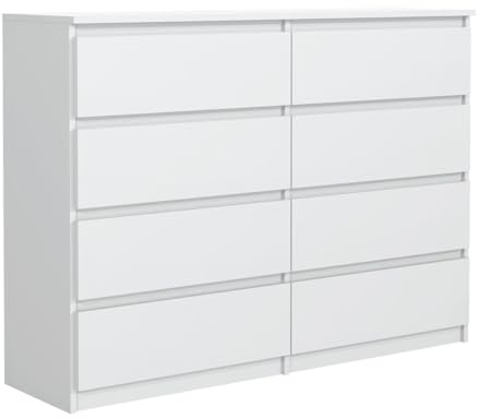 MebLocker byrå med 8 lådor 140 cm perfekt för vardagsrum, sovrum, barnrum, ungdomsrum och kontor, modern elegant lösning för snygg förvaring (vit)