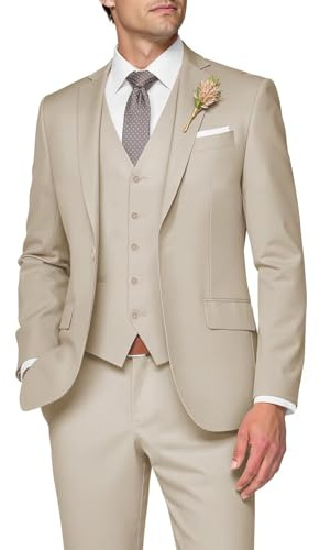 SPTALLFITJSV 3-teiliger Anzug für Herren, schmale Passform, Hochzeitsanzüge für Herren, Elegante EIN-Knopf-Jacke, einreihige Weste, Hose, Beige, L