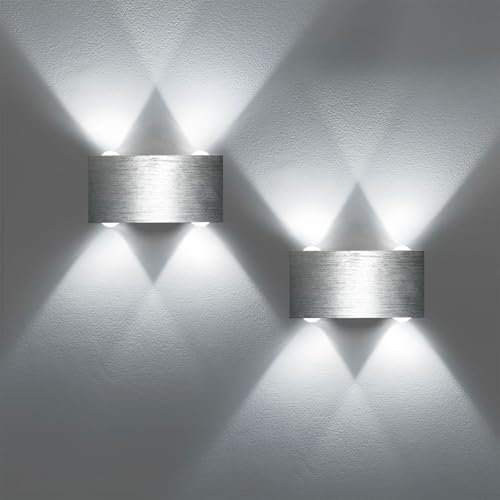 Lightess 2 Pack Wall Lights for Living Room Indoor Wall Lamps for Bedroom LED Wall Sconces Lights Up and Down Chorme Wall Lights Brushed Aluminum Interior Bedroom Hallway Stair Cool White