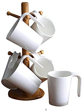 CAFIEDR 6PCS Cup Restaurant White Ceramic Tea Coffee Cup Sets with Wood Holder High Temperature Resistance-C,