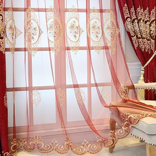 KEKUYA Sheer Voile Vorhang -Gardinen Wohnzimmer Modern mit Ösen Transparente für Schlafzimmer Kinderzimmer Sonnenlichtfilterung 2er Set 229 x 229 cm(BxH) Rote Stickerei
