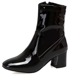 HXTYXCQ Femmes Cuir Verni Bottines avec Fermeture Éclair Latérale Bout Carré Bottes Chelsea Gros Talon Moyen Bottes Courtes,Noir,38 EU