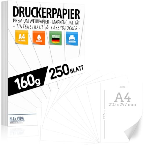 Papel para impresora A4, 160 g, color blanco, 250 hojas, papel premium blanco puro, DIN A4, 21 x 29,7 cm, papel de dibujo grueso, sin imprimir para universidad, fotografía, presentaciones,