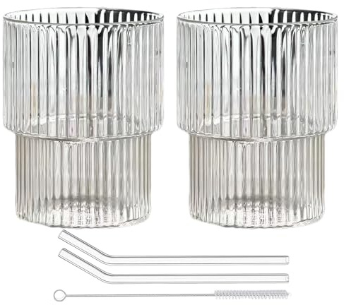 Copbopwn 2PCS Set Ribbed Glasses with Glasses Straw, 300ml/480ml Drinking Glasses Vintage Glassware Iced Coffee Glass Tumblers Glass Cup for Cocktails Desserts Yogourt Jelly Pudding Ice Cream (300ML)