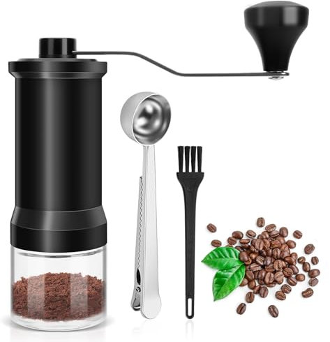 Suprbee Molinillo Cafe Manual, Molinillo de Café Manual con Mecanismo de Cerámica, Grado de Afilado Ajustable, Coffee Grinder con Cuchara y Cepillo de Limpieza, No Se Oxida, Fácil De Limpiar