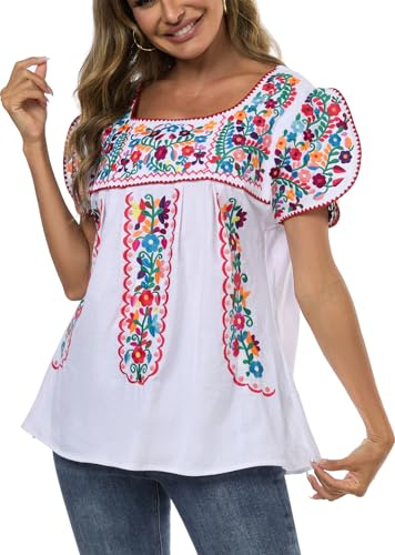 Mexican Shirts for Women Embroidered Tops Traditional Peasant Summer Tunic Blouse (XL, E522W) B-White
