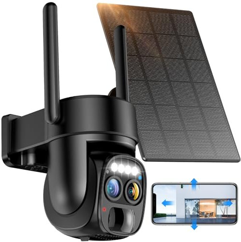 Hawkray Pannel Solar Wireless Outdoor Security Camera， Dual-Lens, 10xZoom, 2K Resolution 3MP 360°Pan/Tilt，2.4&5G WiFi Battery Powered Camera with Spotlight Alarm PIR Motion Detection