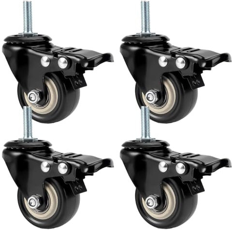4 Pezzi Ruote per Mobili Pesanti M8x25 mm Ruote per Carrello, 360° Rotelle Girevoli con Freno, Ruota Piroettanti, Rotelle per Mobili Pesanti, Ruota Girevole con Perno Filettato