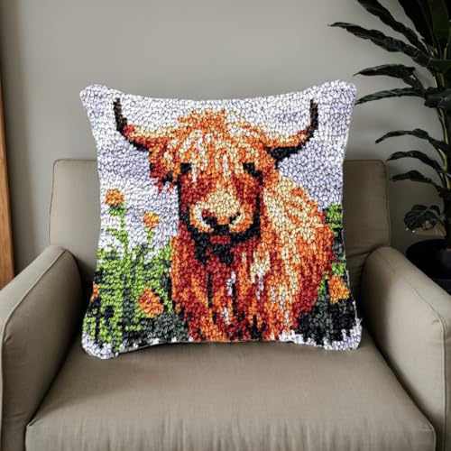 JILIP Highland Cow Latch Hook Kits, 17x17 DIY Pillowcase Hook and Latch Kit, Handmade Needlework Cushion Cover, Crochet Sofa Decoration, Relaxing Craft Activity(Blue)