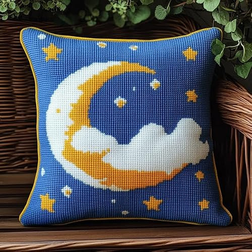 ANSIWEIGO Coussin Point de Croix Gros Trou,Coussin Décoratif Brodé 45x45cm Coussin Brodé avec Fil et Aiguille à Broder De Broderie Au Point De Croix,Étoiles de lune de dessin animé
