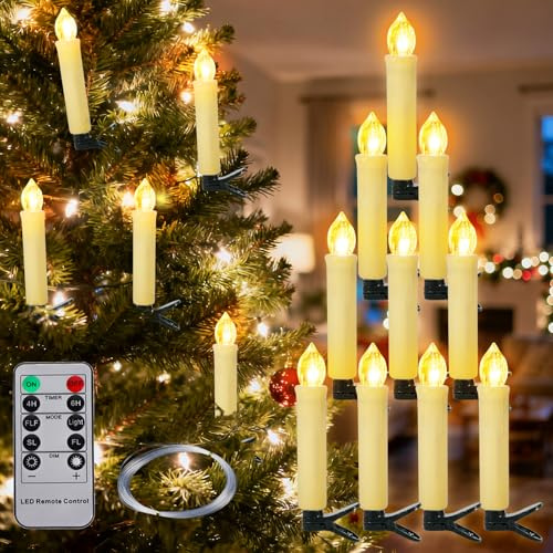 BUOAZR Candele LED Albero di Natale, 10 Floating Candles con Telecomando Timer Fiamma Tremolante, Senza Fili, con clip, Luce Bianca Calda, candele di Natale senza fiamma, Decorazioni Natalizie