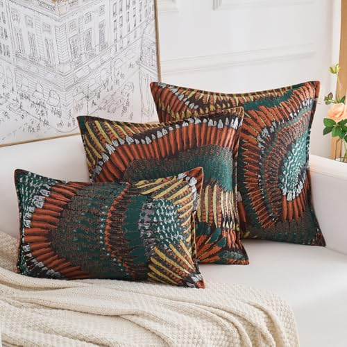Yonous Premium Series Nature-Inspired Feather Wing Cushion Covers, Premium Polyester & Dutch Velvet Throw Pillow for Home Décor, Covers Only, Terracotta Sunrise, 20x20 Inch / 50 x 50 cm