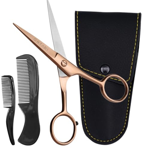 Ontaki Beard & Mustache Scissors for Men - 5inch, Rose Gold - 410C German Steel Durable, Ergonomic Design Travel Friendly Facial Hair Scissors - Beard Grooming Kit 2 Combs & Case Perfect for Styling
