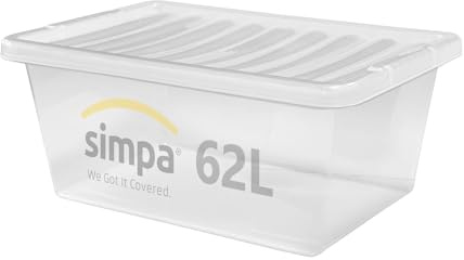 simpa 62 Litre 62L Stackable Plastic Storage Box with Clear Lids - 27cm (H) x 65cm (L) x 50cm (W) - Single Box