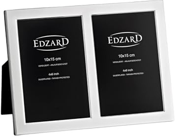 EDZARD Doppel-Bilderrahmen Salerno (für 2 Fotos 10 x 15 cm), edel versilbert, anlaufgeschützt, Hochformat nebeneinander, mit Samtrücken, zum Stellen – Fotorahmen 10x15, Silberrahmen, Geschenk Hochzeit