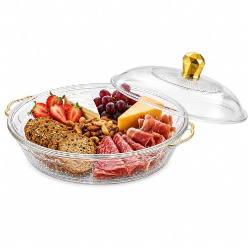 Raoletin Snack Tray Plastic Snackle Box with Lid, Clear Gold Snack Box Serving Platter with Handles, Reusable Charcuterie Boards with Lid for Fruit, Nuts, Pastries and Home Entertaining