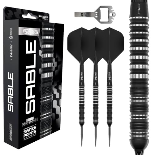 Röd DRAGON Darts – Sable Series 23 g | Switch Points Powered by Winmau | 90 % Tungsten Steelarts Set | Parallell Barrel | Proi dartpilar med metallspets