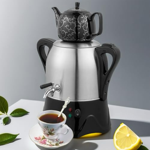 Turkisk vattenkokare, 3 liters samovar i rostfritt stål med 1 liters keramisk kanna, håller drycker som turkiskt te, svart te, infusioner och kaffe varma.