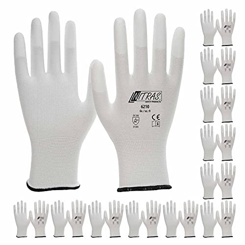 NITRAS 6210 Nylon-Handschuhe Arbeitshandschuhe Gartenhandschuhe PU-Fingerkuppenbeschichtung - VPE 12 Paar, Größe:7 (M)