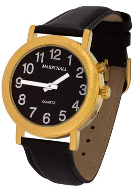 Marschall Deutsch sprechende Herren Armbanduhr I H-BL Black Edition I Für Blinde, Senioren und Demenzkranke I Zeitansage I Extra große Zeiger I Lederarmband