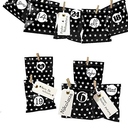 Frau WUNDERVoll® DIY Adventskalender zum Befüllen Bescherung, schwarz - weiße Sterne Papiertüten 13x16,5cm, Ziffern schwarz-weiß/Weihnachten Aufkleber Advent Kalender Kinder Geschenkbeutel