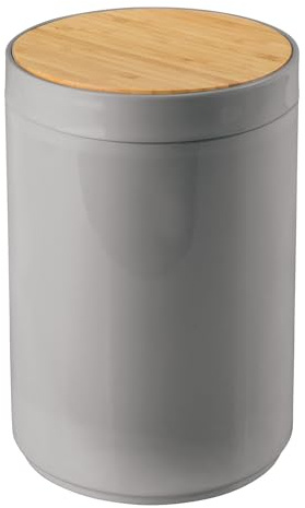 mDesign Plastic Round Trash Can Small Wastebasket - Garbage Bin Container with Swing-Close Lid - Bathroom Garbage Basket - Holds Waste, Recycling - 1.3 Gallon - Basa Collection - Gray/Natural