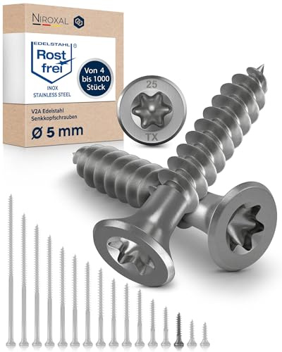 Träskruvar i Rostfritt Stål A2 – Försänkt Huvud TX25 – Delgänga – 5 x 25 mm – 1000 Stycken – Universalskruvar för Trä